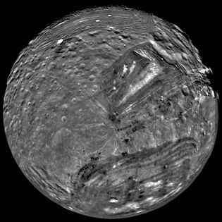 Miranda, innermost of Uranus's major moons taken by Voyager 2 on Jan. 24, 1986.