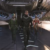 Publicity still from the motion picture film "Black Panther' with (from left) Lupita Nyong'o, Chadwick Boseman, and Danai Gurira (2018); directed by Ryan Coogler. (cinema, movies)