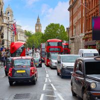 London Big Ben from Trafalgar Square traffic in UK