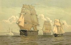 USS Pennsylvania (centre foreground) and North Carolina (centre background), ships of the line of the U.S. Navy from the early and mid-19th century. In this 1897 chromolithograph after a watercolour by maritime illustrator Frederick S. Cozzens, the two ships of the line are shown as if accompanied by two navy brigs from earlier in the 19th century (left background and right foreground).