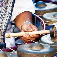 Gong. Closeup of a khong wong gong circle chime. Thai classical musical instrument, part of piphat ensemble. (percussion, music)