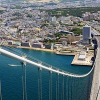 The northern terminus of the Akashi Strait Bridge in Terumi ward, southern Kobe, Hyogo prefecture, west-central Japan. The bridge spans the Akashi Strait and links Awaji Island to Honshu.