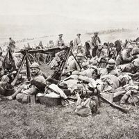 French soldiers resting behind the front during the Battle of Verdun during the First World War From L'Illustration, 1916