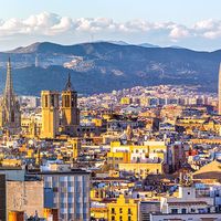 Skyline Barcelona at sunset, Spain