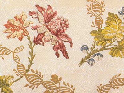 Detail of handwoven Italian silk brocaded on silk with floral motif, c. 1730–50.