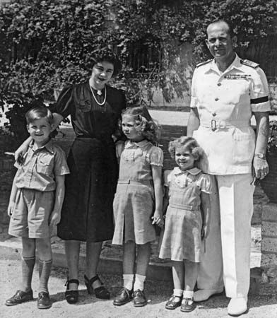 The royal family of Greece (from right to left): King Paul, Princess Irene, Princess Sophia, Queen Frederika, and Prince Constantine, c. 1947.