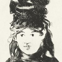 Berthe Morisot by Edouard Manet(1872). Lithograph in black on chine colle on wove paper