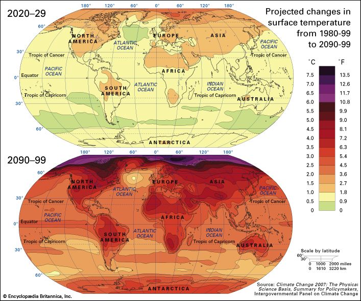 projected changes in mean surface temperatures