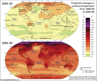 projected changes in mean surface temperatures