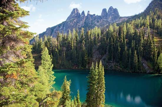 Larches surrounding Blue Lake, North Cascade Range, Okanogan National Forest, northwestern Washington, U.S.