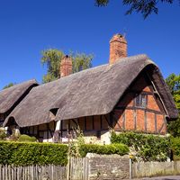 Hathaway, Anne. Shakespeare, William. Anne Hathaway's Cottage, a farmhouse, where Anne Hathaway, the wife of William Shakespeare, lived as a child in the village of Shottery, Warwickshire, England, near Stratford-upon-Avon.