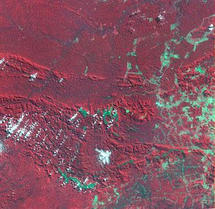 Satellite image of Carajás mining area, 1986Deforestation is evident in Brazil's Carajás region in the state of Pará, by comparing images from 1986 and 1992. Cleared land appears bluish green.