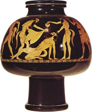 Greek psykter depicting reveling satyrs