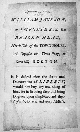 Document from January 1770 entreating the “Sons and Daughters of Liberty” to purchase nothing from Boston tradesman William Jackson because he ignored the colonial boycott on British imports.