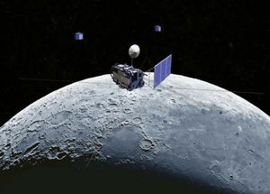 Artist's conception of the Kaguya mission's Selene spacecraft in orbit around the Moon.