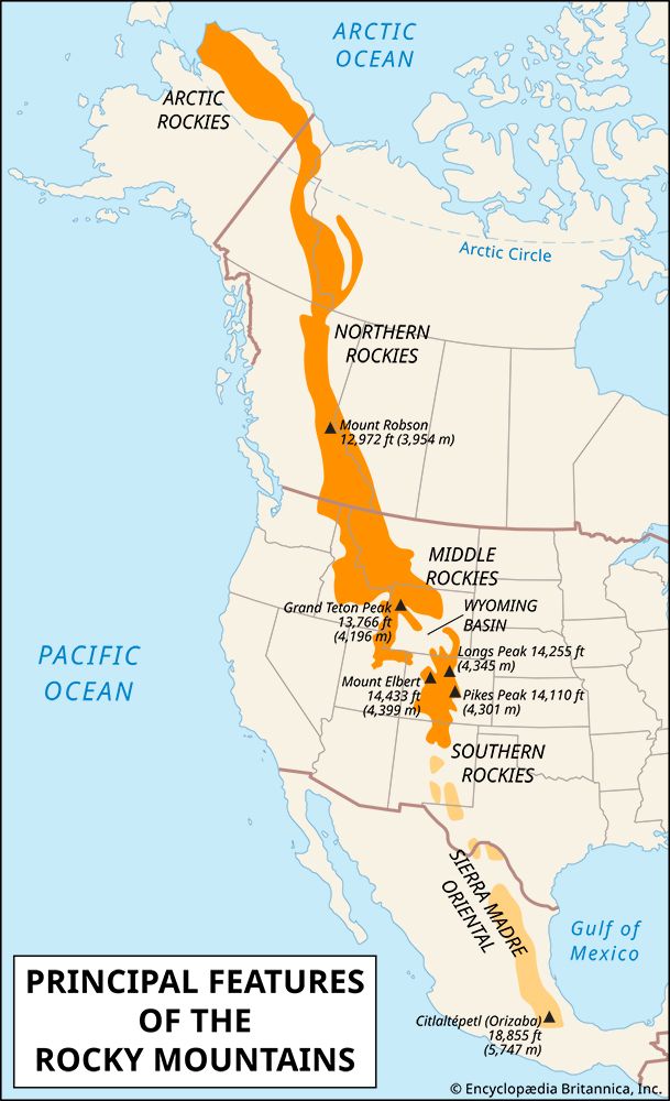 Principal features of the Rocky Mountains