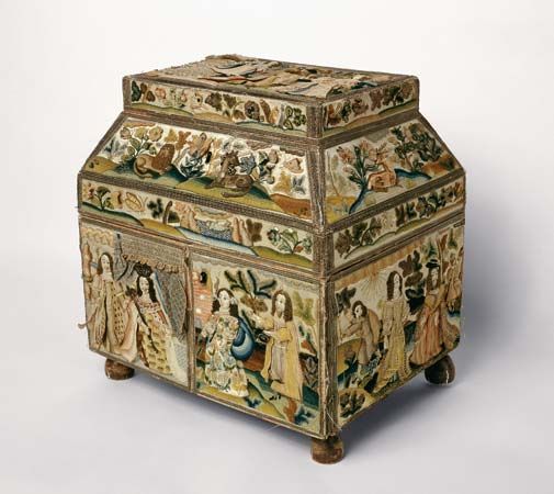 English embroidered box, or casket, with raised-work pictures of scenes from the Hebrew Bible (Old Testament) embroidered in silk, signed by Rebecca Stonier Plaisted, 1668; in the Art Institute of Chicago.