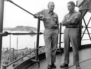 (Right to left) John McCain's father, John S. McCain II, and grandfather, John S. McCain I, aboard a U.S. Navy ship in Tokyo Bay, 1945.