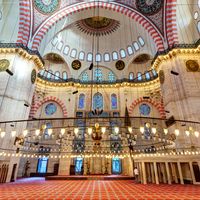 Inside the Suleymaniye Mosque on may 25, 2013 in Istanbul, Turkey. The Suleymaniye Mosque is the largest mosque in the city, and one of the best-known sights of Istanbul.