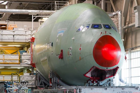 An Airbus A380 at the assembly line in Toulouse, France.