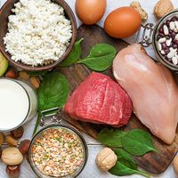 Overhead view of high protein foods: chicken, meat, spinach, eggs, nuts, bean, cheese. (nutrition, health, food, diet)