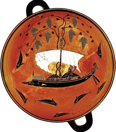 Greek kylix depicting Dionysus in a sailboat