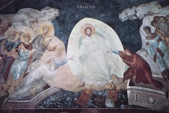 Anastasis (Christ ascending from hell), apse fresco, c. 1320; in the Church of the Holy Saviour at the Monastery of the Chora (now the Kariye Museum), Istanbul.