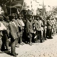 Caption: It May be Turned to Mourning for its Loss. Our picture shows a group of the wounded lately from the Dardanelles, Ottoman Empire (Turkey) at the festivities, ca. 1914-1918. (World War I)