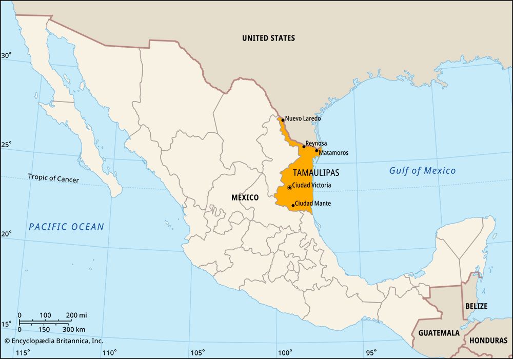 Tamaulipas, Mexico. Locator map: boundaries, cities.