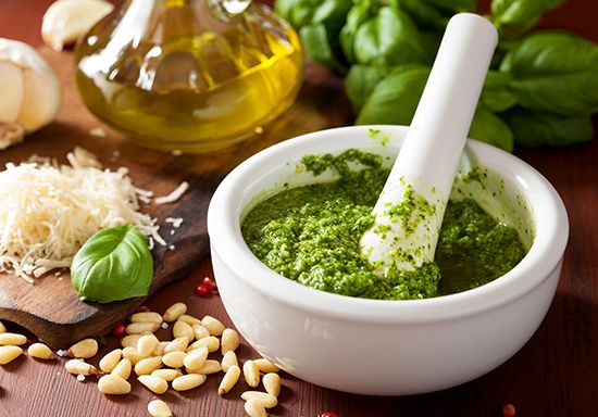 pesto made with a mortar and pestle