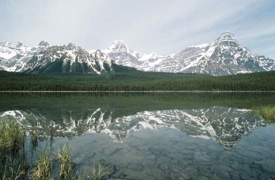 Mount Chephren rising above Waterfowl Lake in Banff National Park, southwestern Alberta, Canada.