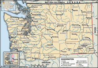 Washington. Political map: counties, boundaries, cities. Includes locator. CORE MAP ONLY. CONTAINS IMAGEMAP TO CORE ARTICLES.