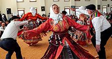 Anatolian Alevi Muslims perform Semah at a Djemevi (cem house or cemevi) to celebrate Newroz -the arrival of spring - the "Rite of Unity". They pray together in this special mass officiated by religious Alevi leader "Dede", performed dhikr and performed Semah - a religious dance, in Ismir, Turkey, March 26, 2022