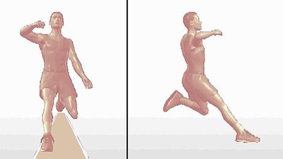 Examine the track-and-field athlete's long jump form from side and head-on angles