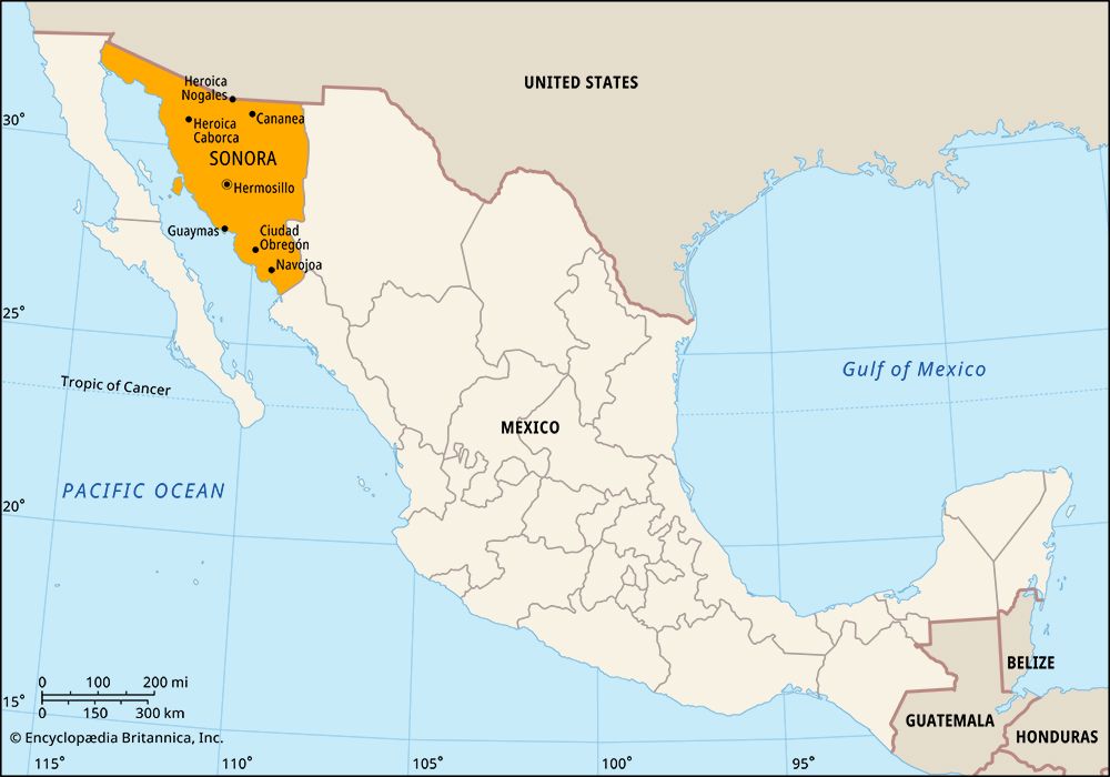 Sonora, Mexico. Locator map: boundaries, cities.