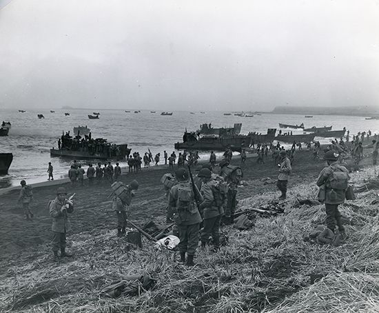 U.S. troops landing on Attu Island in World War II