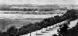 View of Washington at the end of the war, 1865.From Lincolns inauguration in 1861 to the final Grand Review of the Army in 1865, Washington was an armed camp. At the outbreak of war, the unfinished Capitol was taken over by the Army as a barracks and storehouse. The city was ringed with forts and encampments against the constant danger of invasion.