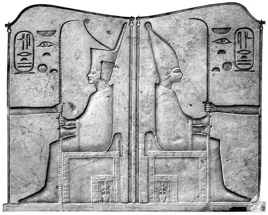 Hieroglyphs on decorative lintels identify King Sesostris III wearing the crown of Lower Egypt (left) and the crown of Upper Egypt (right), 19th century bce; in the Egyptian Museum, Cairo.