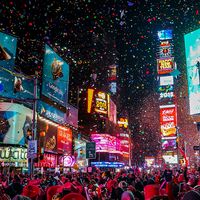 New York City, USA, January 1, 2015, Atmospheric new year's eve celebration on famous times square intersection after midnight with countless happy people enjoying the party