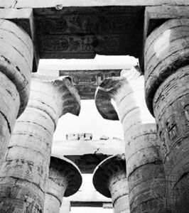 Capitals and lintels of the massive hypostyle hall, Great Temple of Amon at Karnak in Thebes, Egypt.