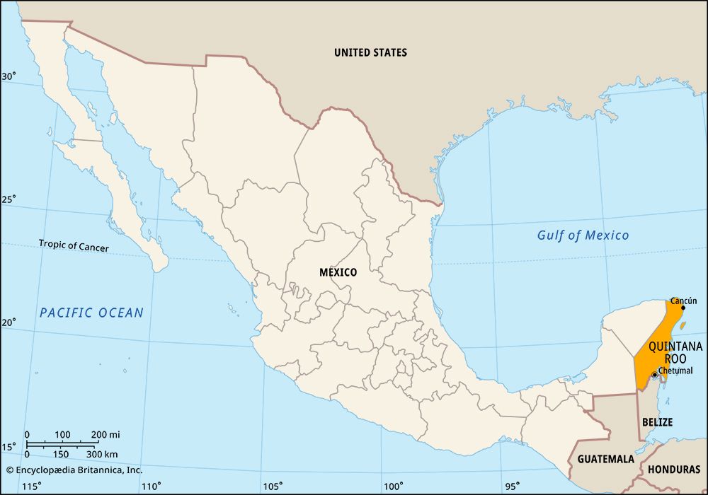 Quintana Roo, Mexico. Locator map: boundaries, cities.