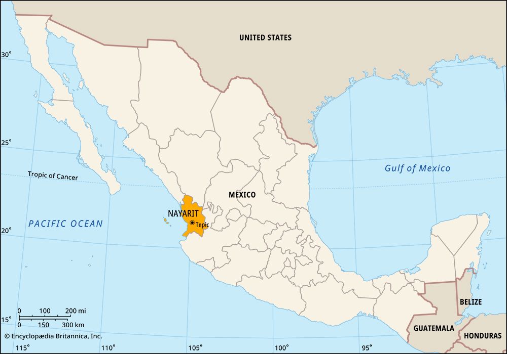 Nayarit, Mexico. Locator map: boundaries, cities.