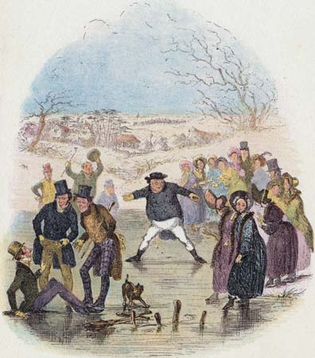 Samuel Pickwick sliding on a sheet of ice; illustration by Hablot Knight Browne for Charles Dickens's The Pickwick Papers (1836–37).