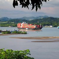 Panama Canal. Boat. Shipping. Ship and shipping. Container ship passing through the Panama Canal.