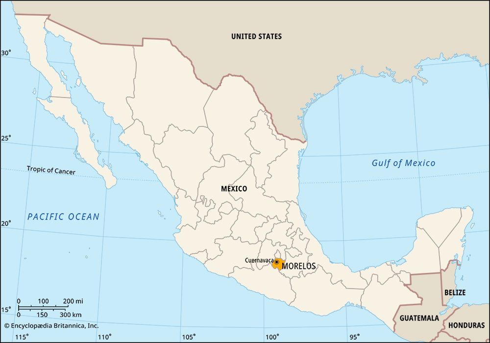 Morelos, Mexico. Locator map: boundaries, cities.