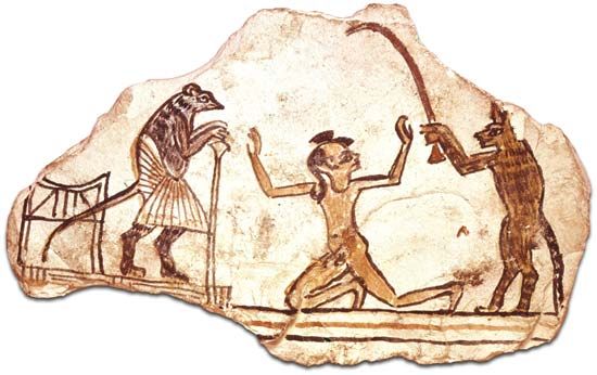 limestone ostracon depicting a cat, a boy, and a mouse magistrate