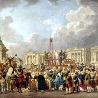 Capital Execution at the Place de la Revolution between August 1793 and June 1794, oil on canvas by Pierre Antoine De Machy (Demachy), Musee Carnavalet, Paris, France. 37 x 53.5 cm. (Reign of Terror, hanging, guillotine execution, French Revolution)