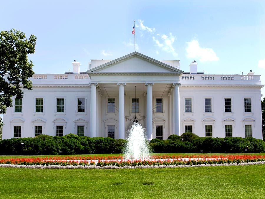 The White House in Washington, D.C., USA. The north portico which faces Pennsylvania Avenue.