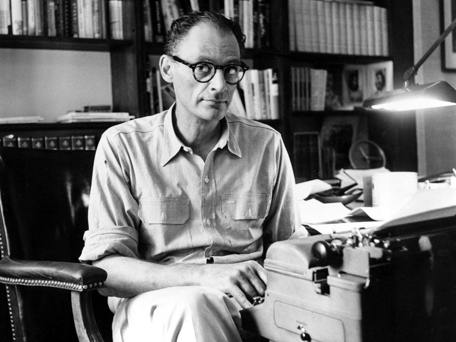 Playwright Arthur Miller works on a new play at his typewriter in the study of his New York apartment on July 21, 1959.