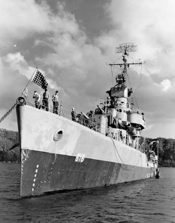 U.S. Navy destroyer Nields near Okinawa, 1945.